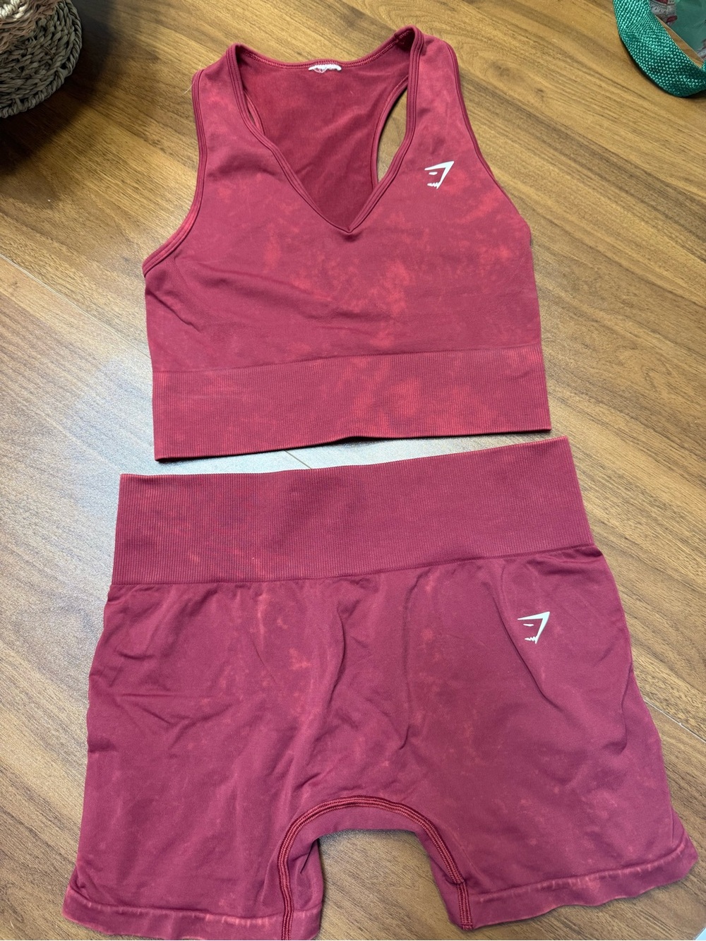 Gymshark Burgundy Seamless V-Neck Sports Bra and High-Waist Shorts